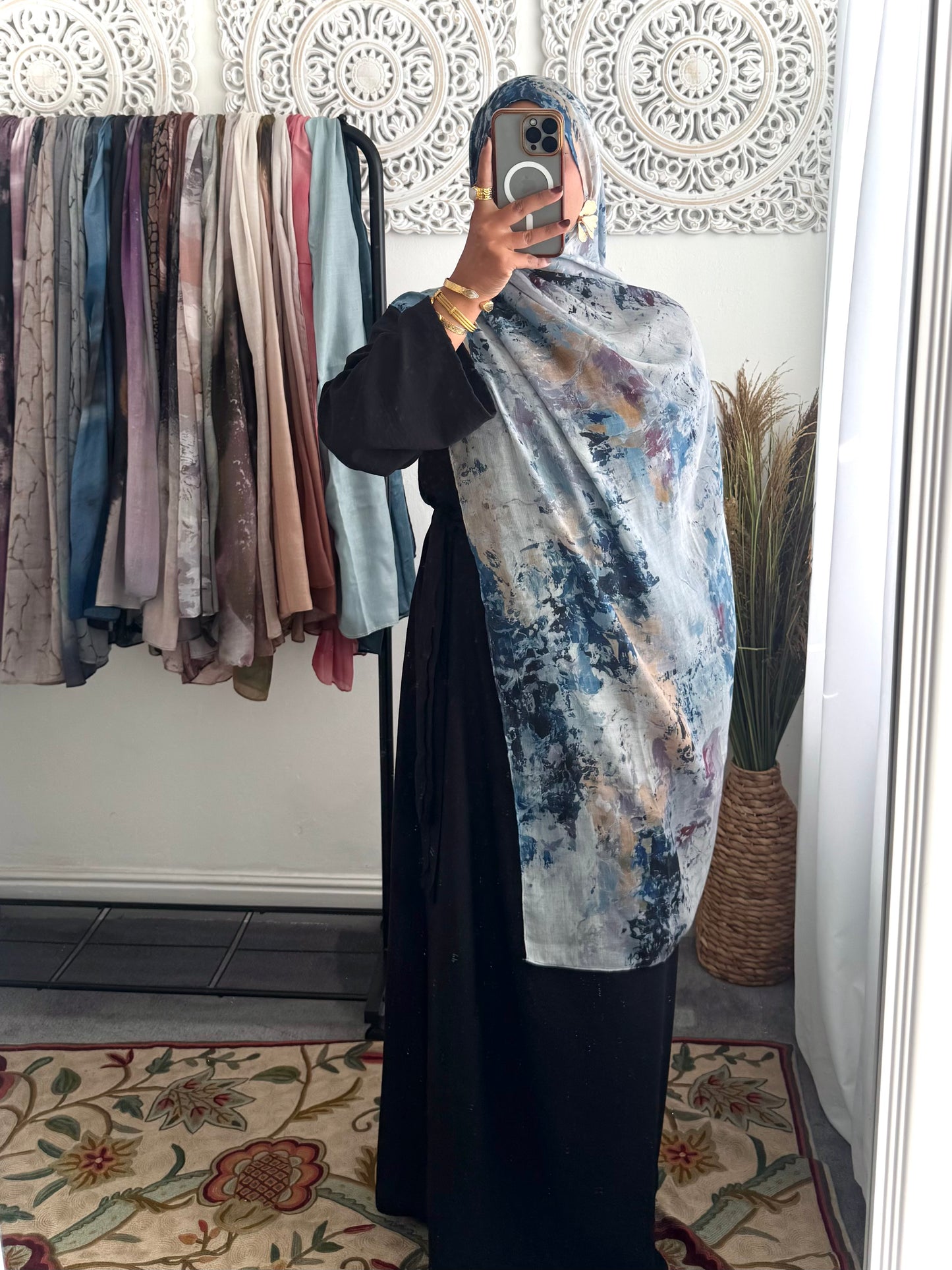 Water coloured Modal Printed Blue Villiage Hijab