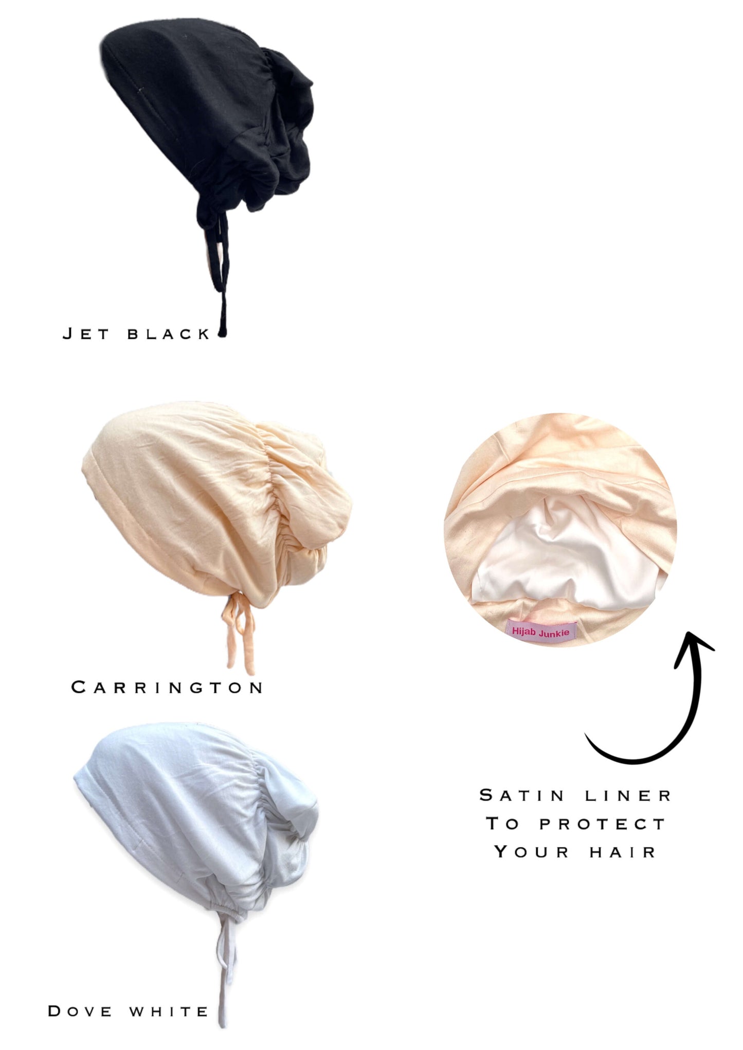 Tube closed tie inner silk cap choose from carrington dove white jet black