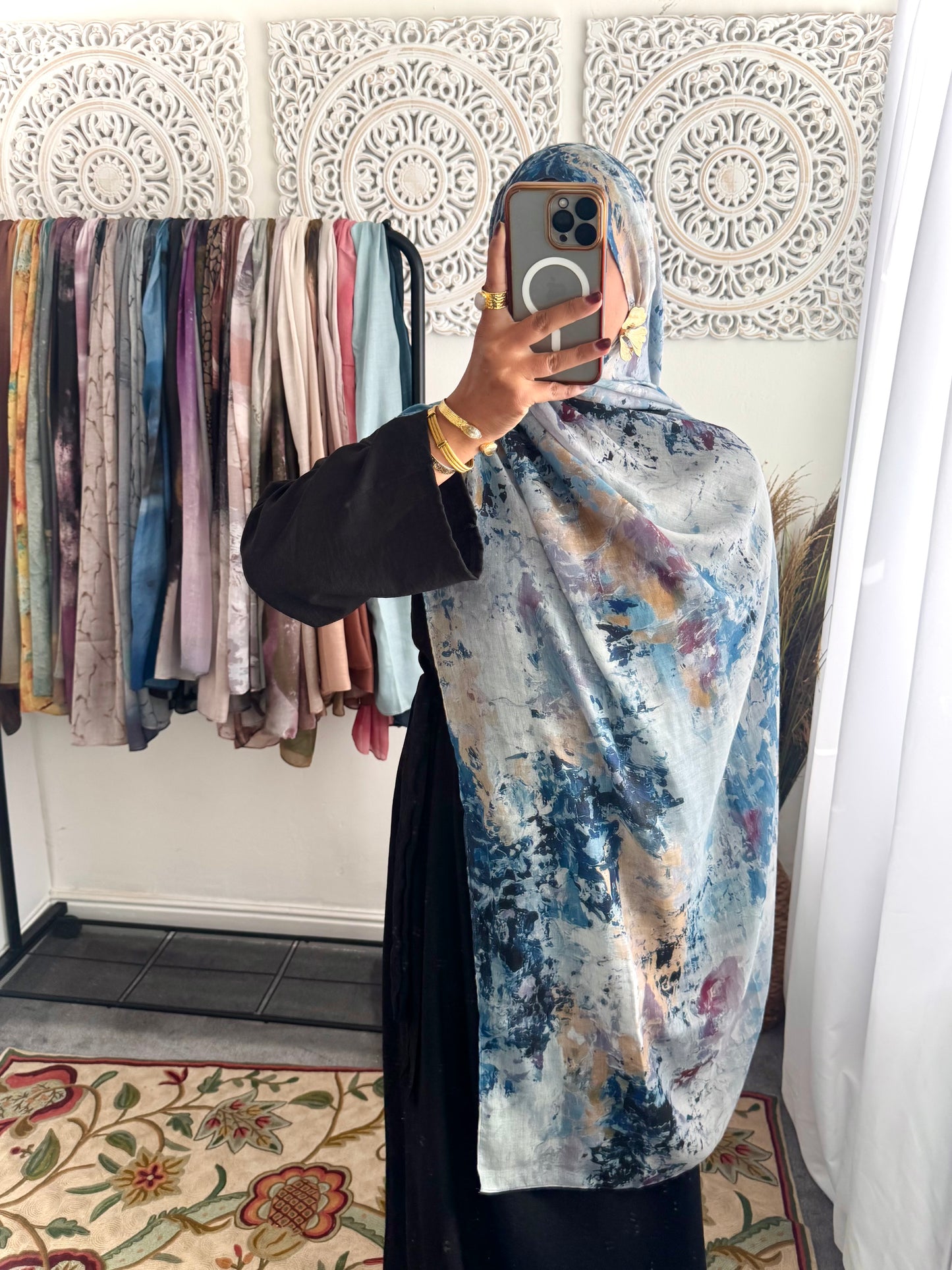 Water coloured Modal Printed Blue Villiage Hijab
