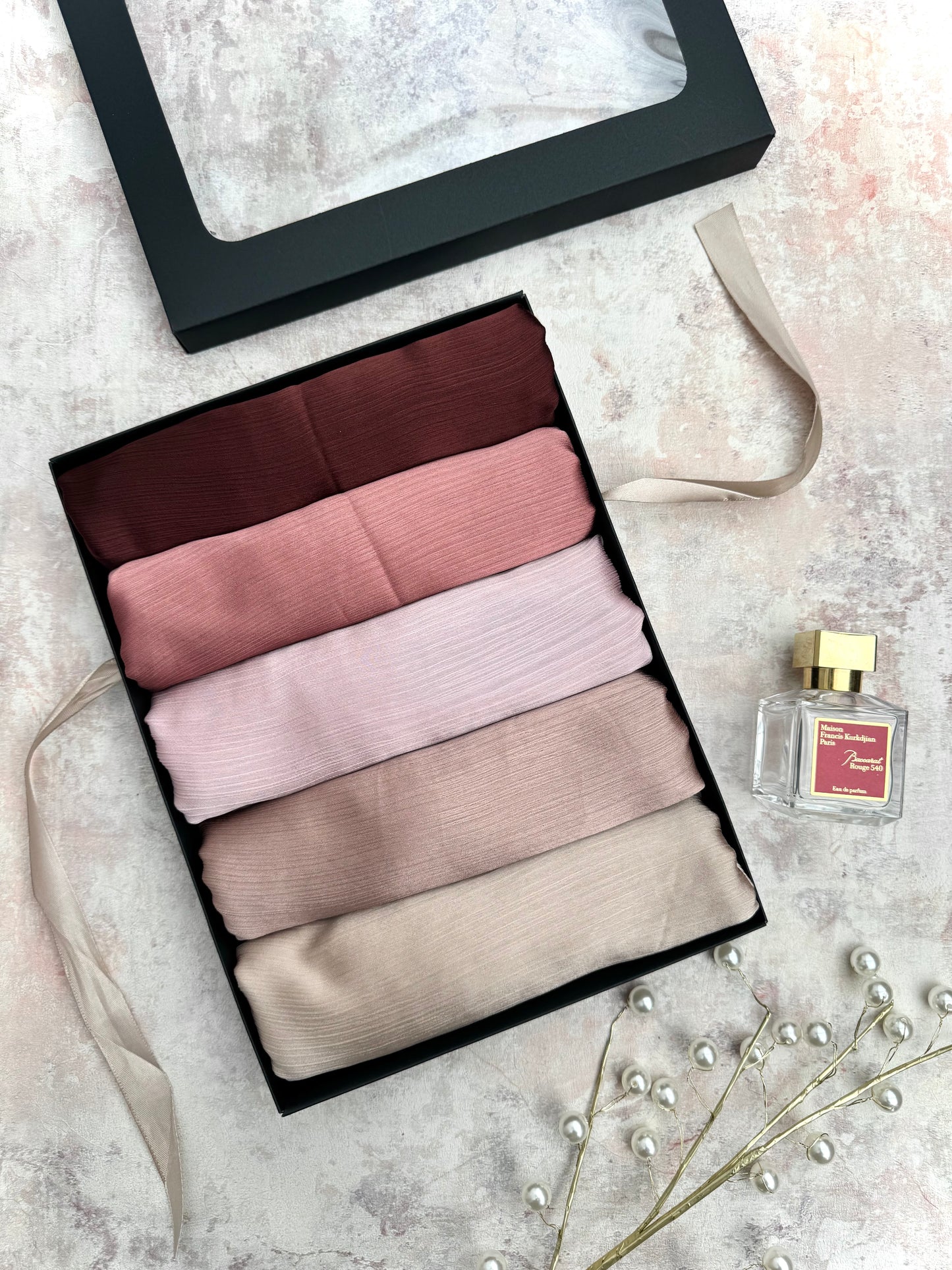 premium plain dubai crinkle 5 hubba bubba hijab set presented in a gift box