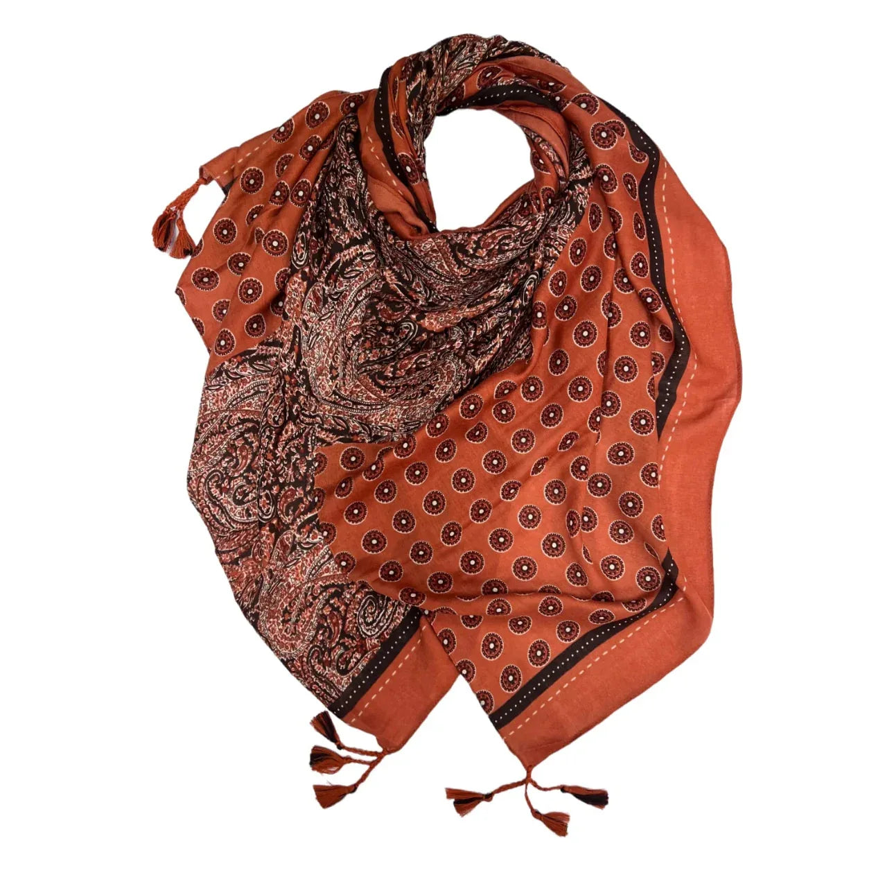 Maxi printed tassel paisley terracotta hijab scarf - Hijab Junkie UK