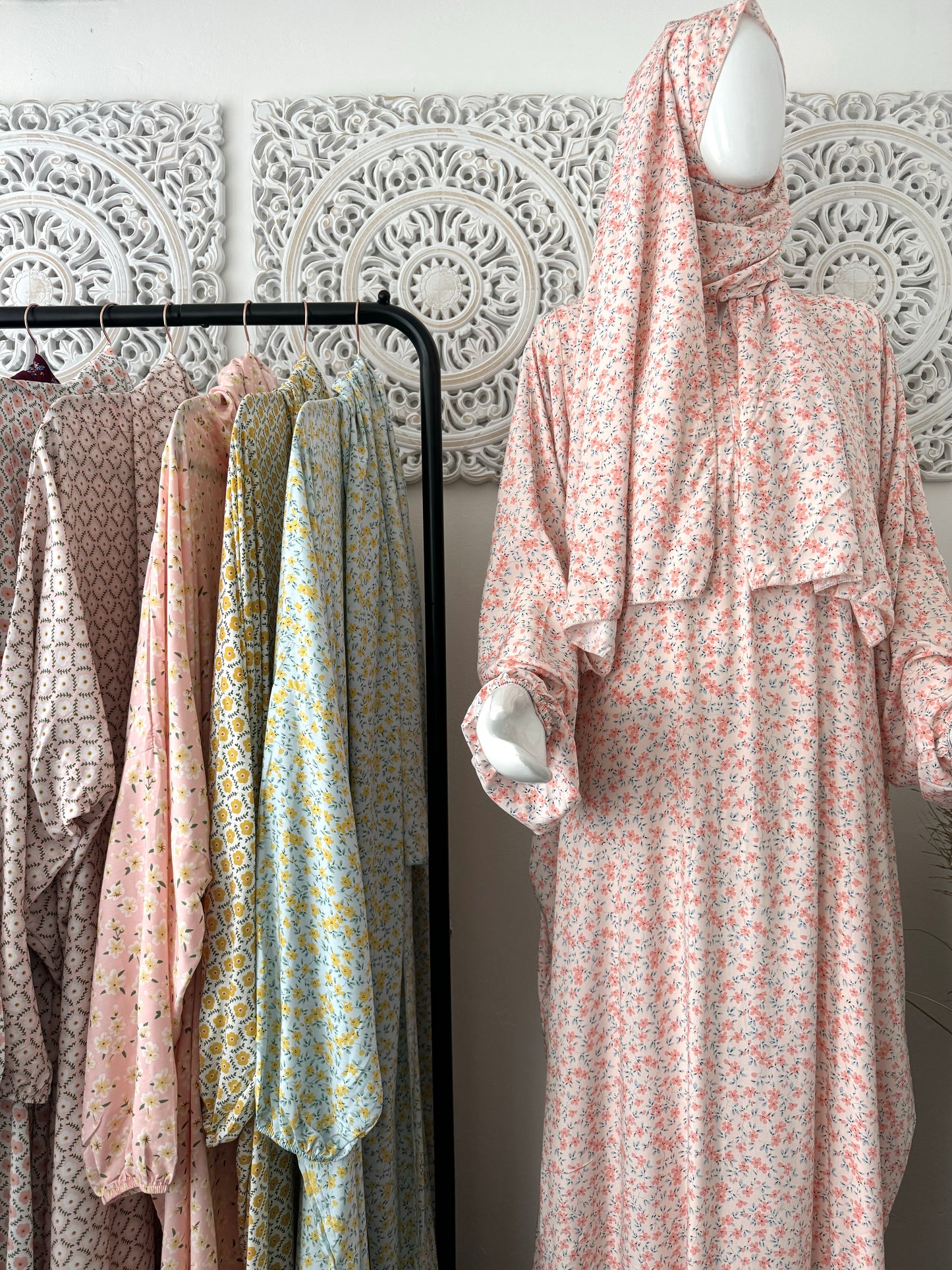 Built in 1pc Fatimah prayer printed zipped abaya set - one size