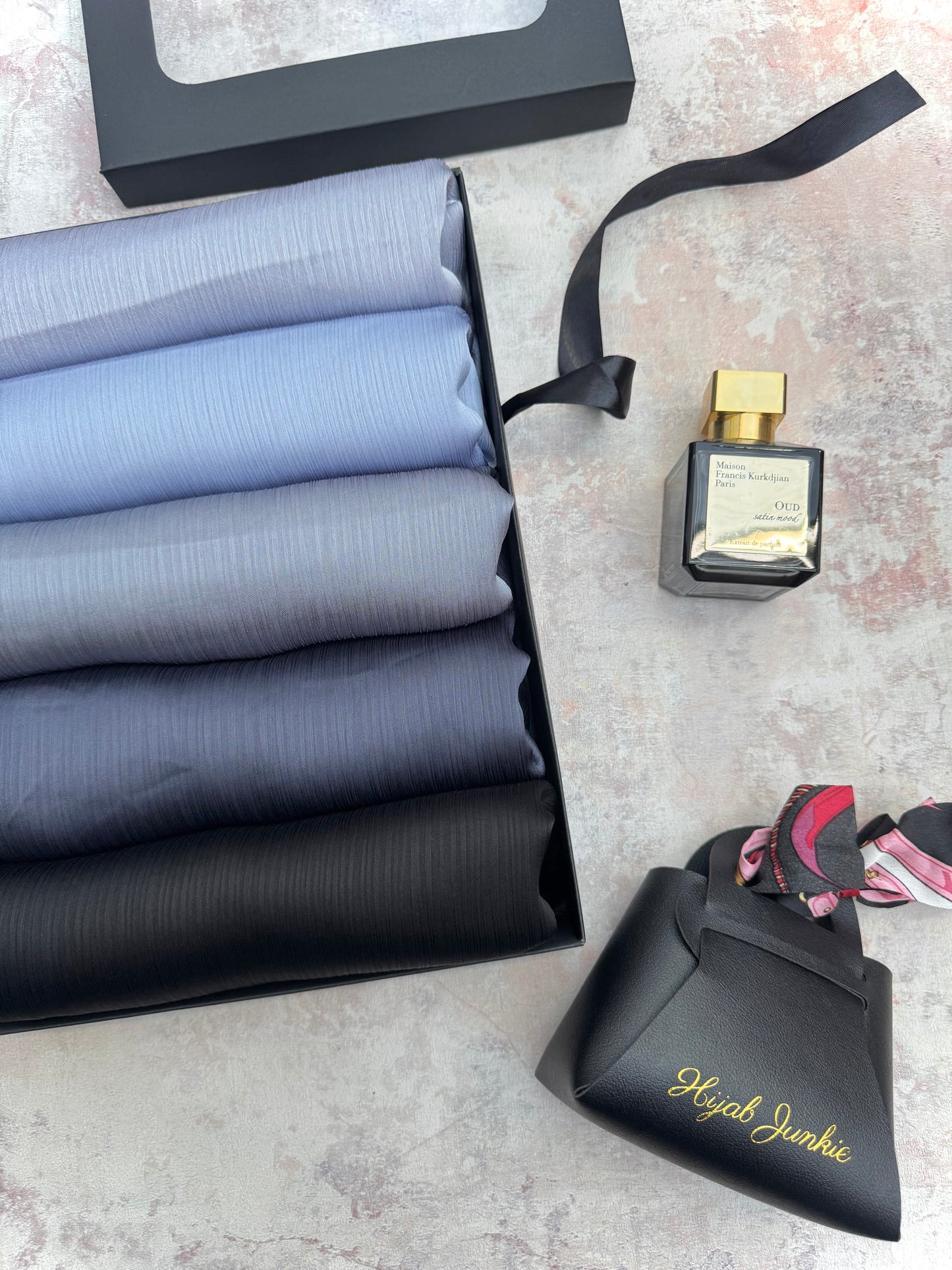 premium plain dubai crinkle 5 iron hijab set presented in a gift box