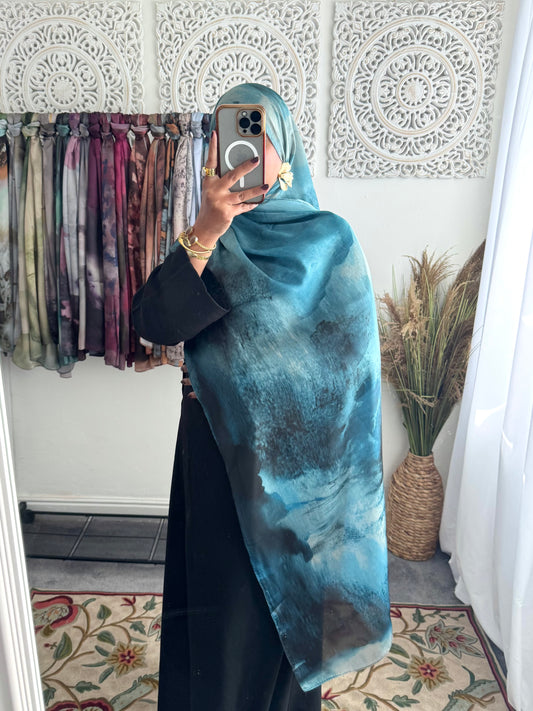 Water coloured Modal Silk Printed Aqua Hijab