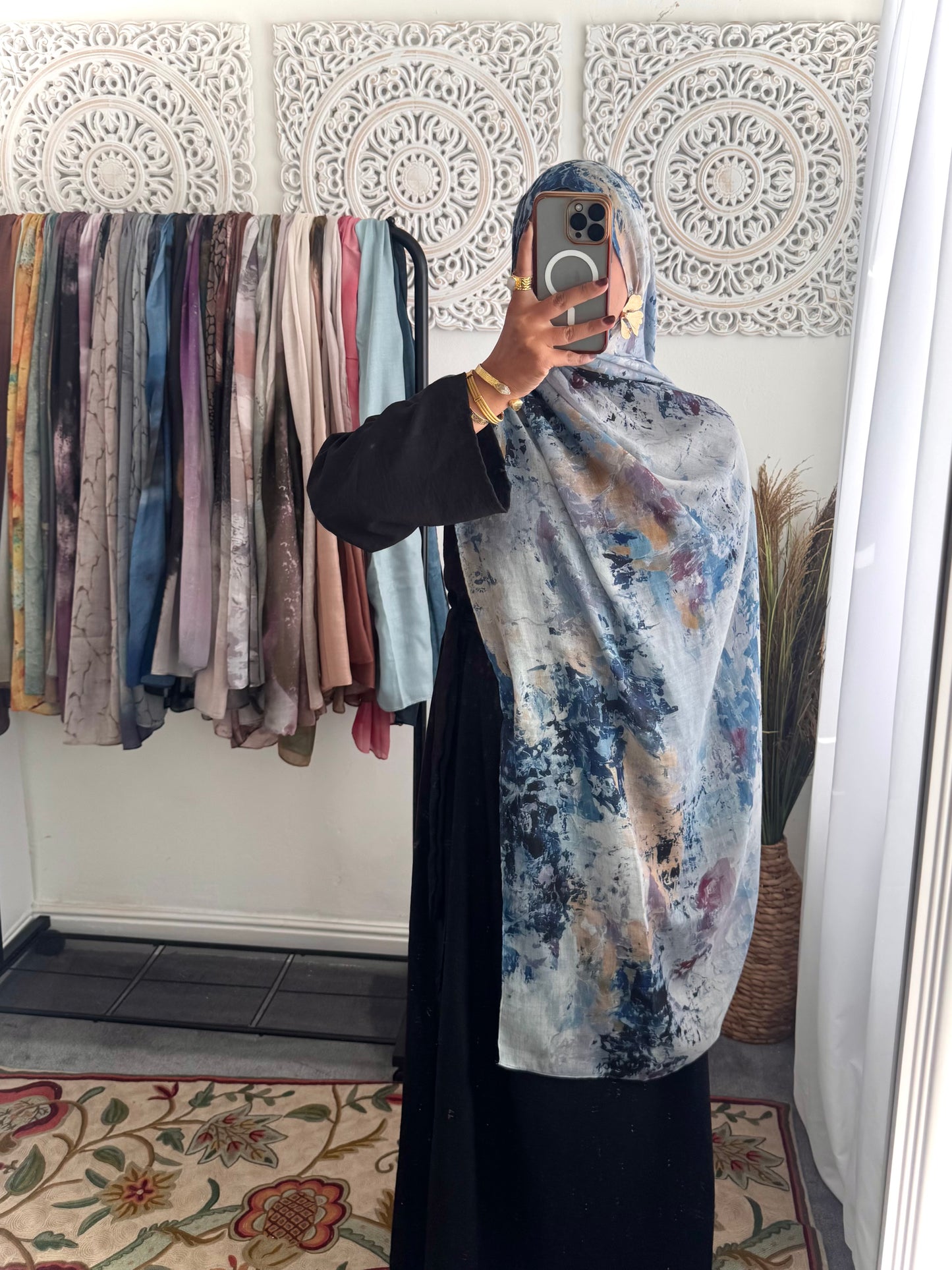 Water coloured Modal Printed Blue Villiage Hijab