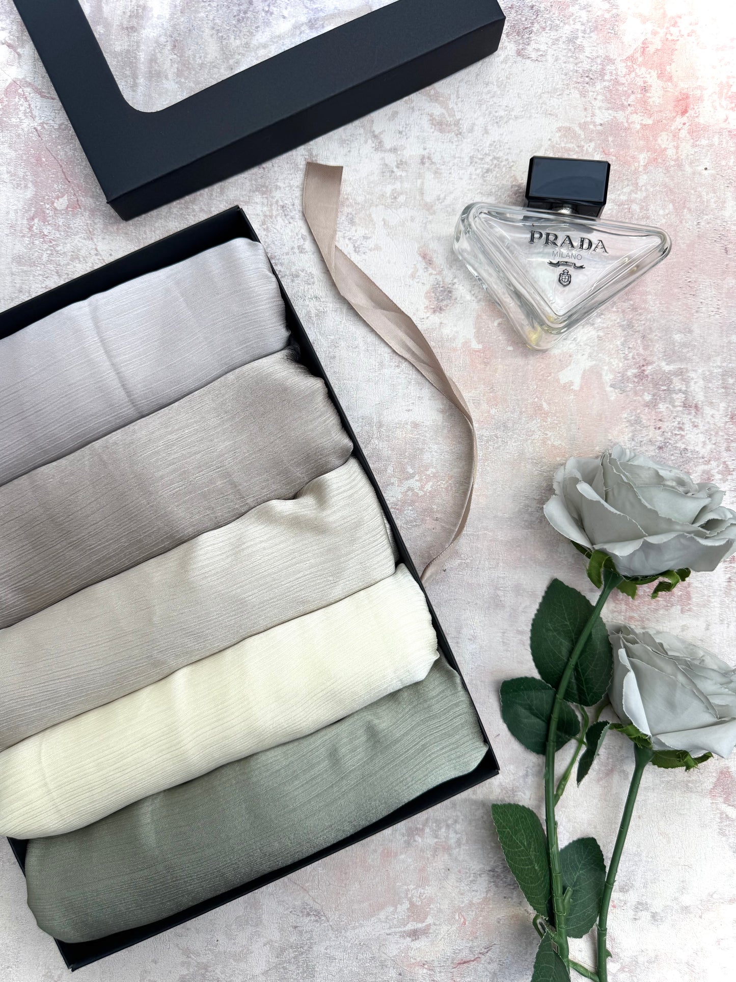 premium plain dubai crinkle 5 sage hijab set presented in a gift box