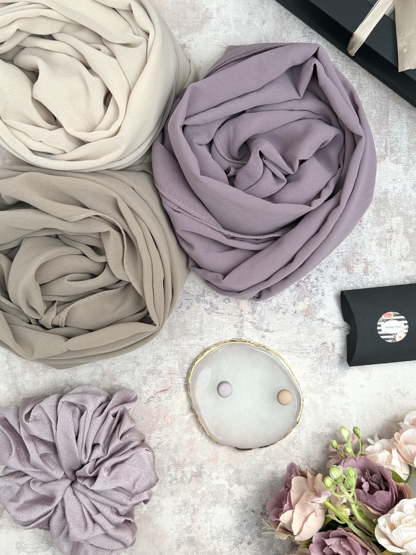 premium plain chiffon 3 mauve hijab set presented in a gift box