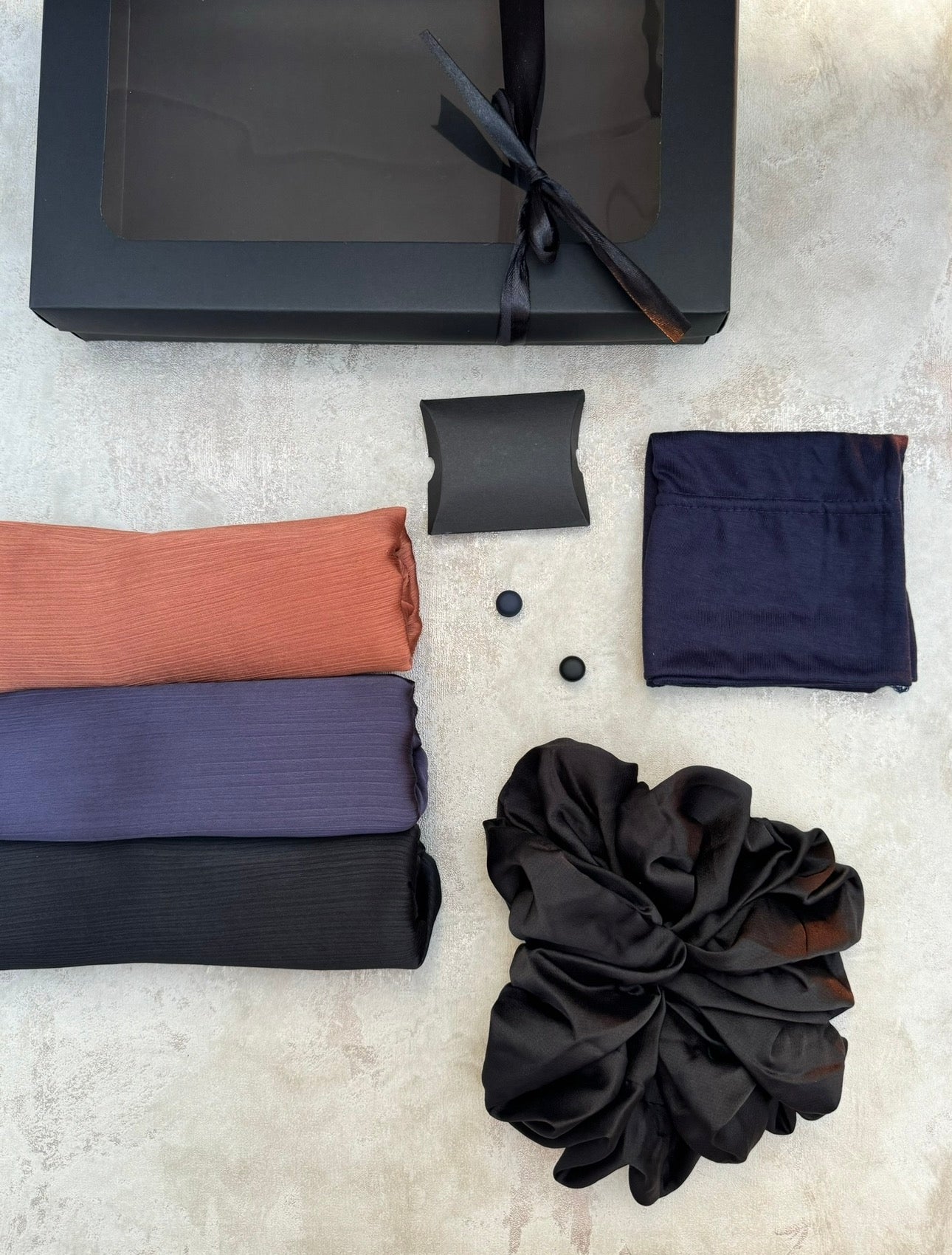 premium plain dubai crinkle 3 denim blue hijab set presented in a gift box