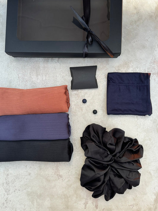 matt Dubai crinkle silk 3 denim blue hijab gift set inc accessories