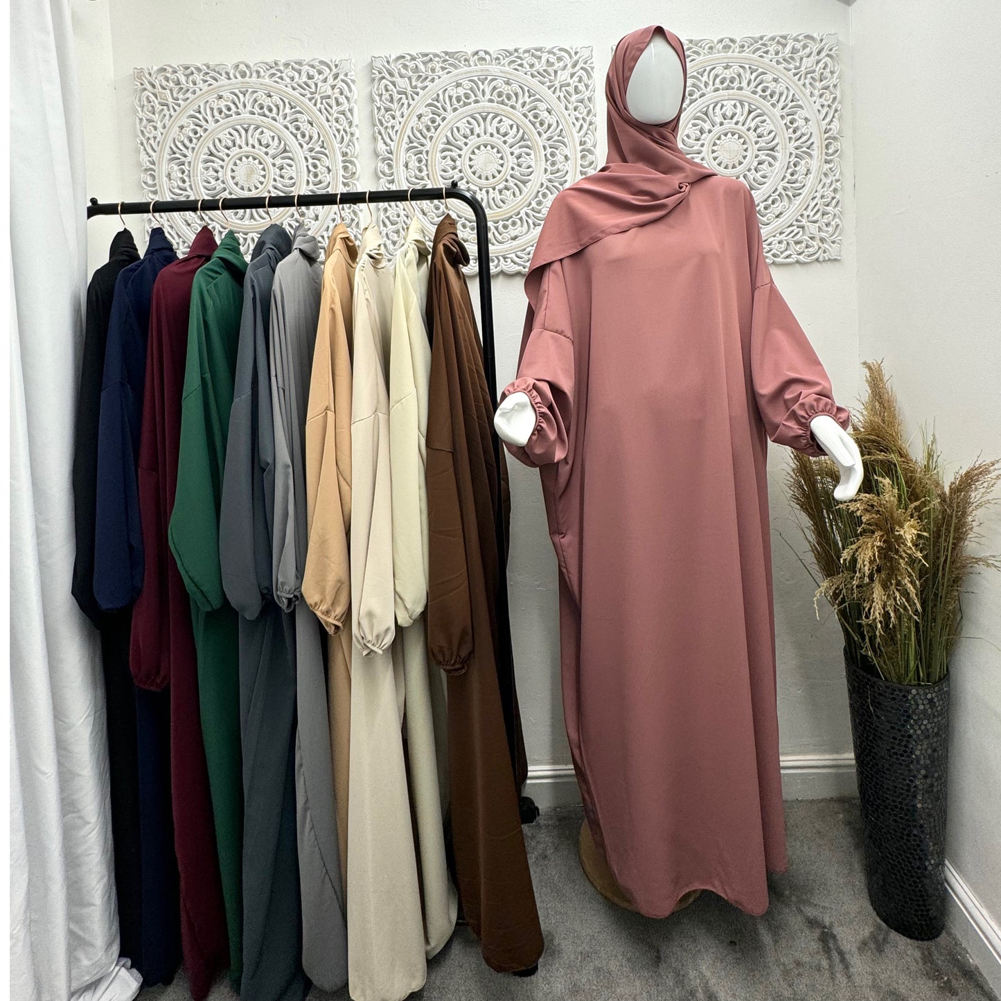 Built in 1pc Fatimah nida prayer plain light weight abaya set - one size