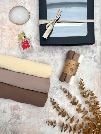 premium plain chiffon 3 truffle hijab set presented in a gift box