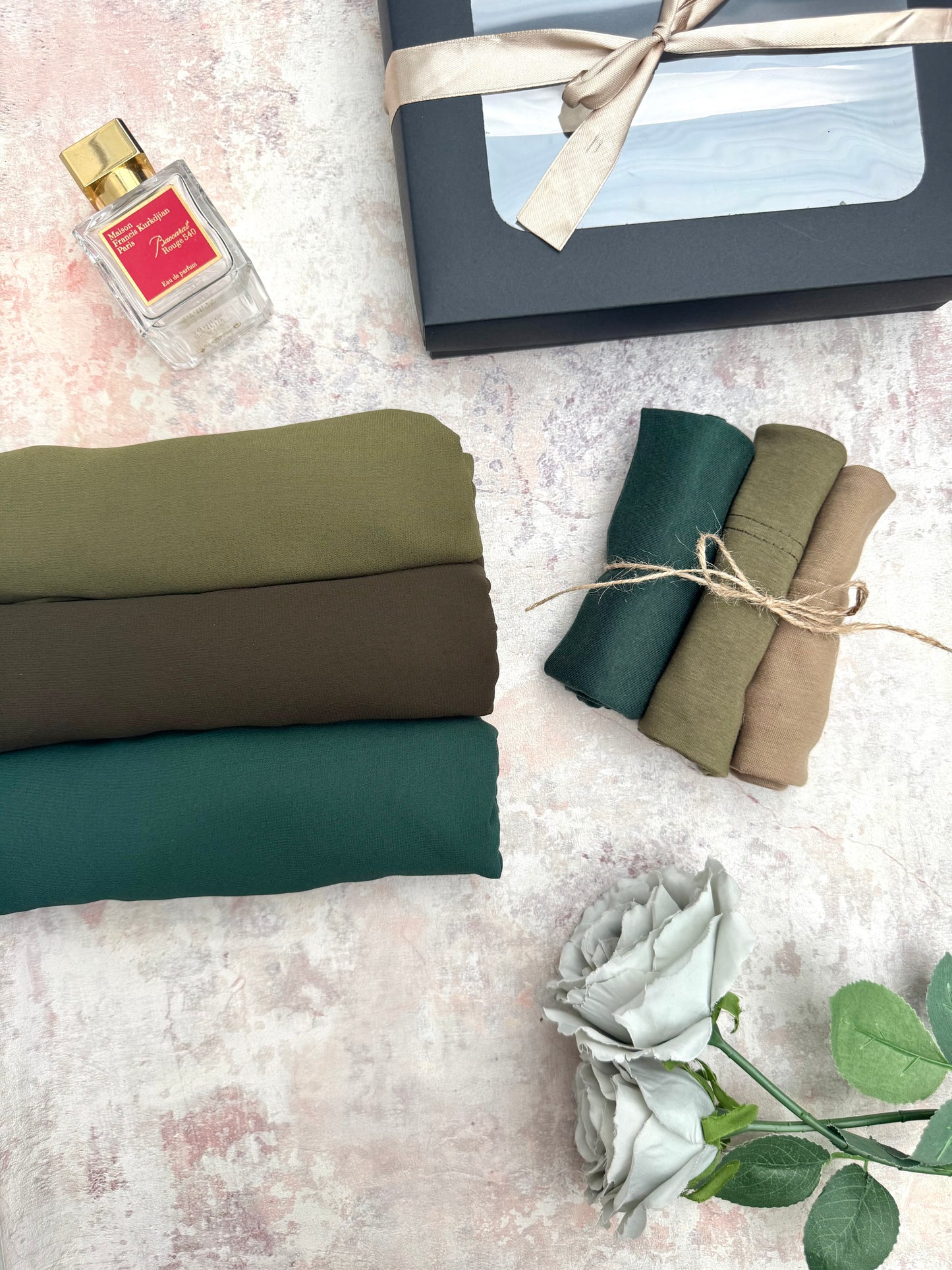 premium plain chiffon 3 emerald hijab set presented in a gift box