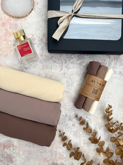 premium plain chiffon 3 truffle hijab set presented in a gift box