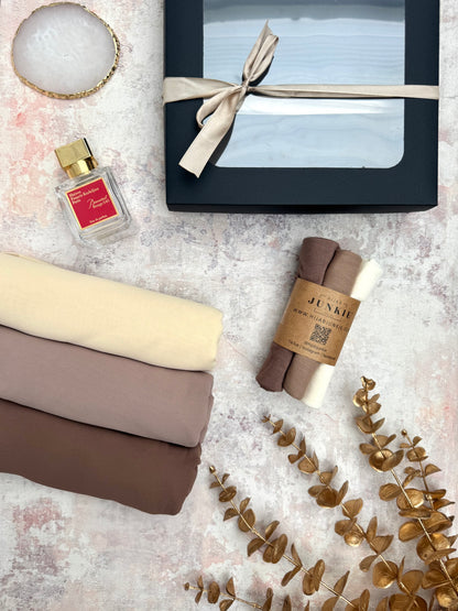 premium plain chiffon 3 truffle hijab set presented in a gift box