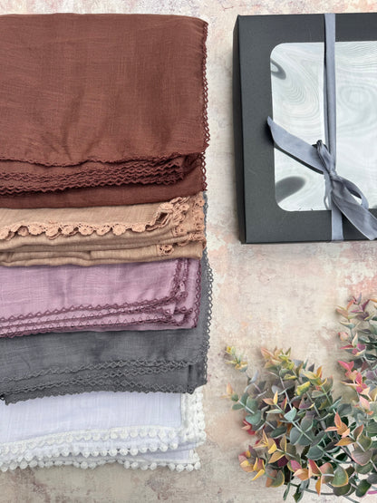 premium lace coco hijab set presented in a gift box