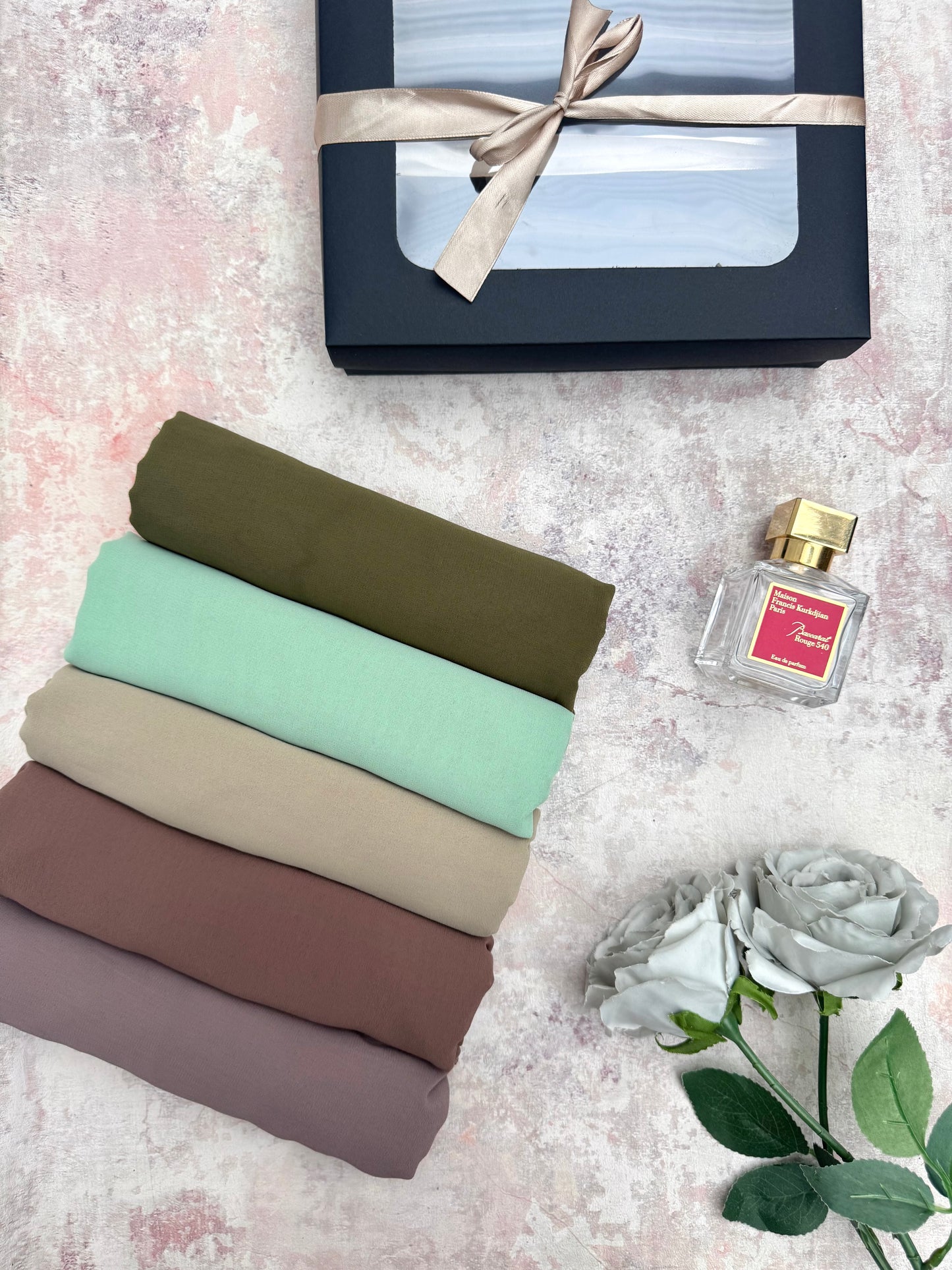 5 premium plain chiffon Zaintoon hijab set presented in a gift box