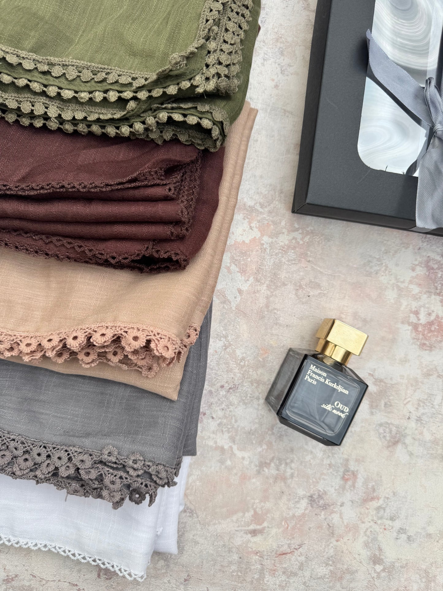 premium lace Zaitoon hijab set presented in a gift box
