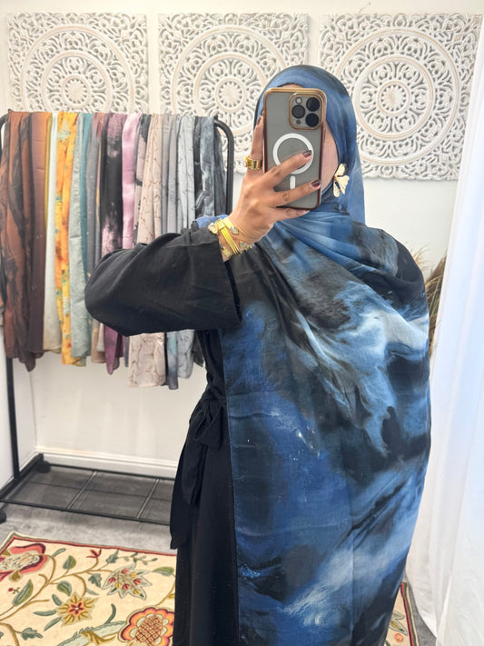 Water coloured Modal Printed Denim Blue Hijab