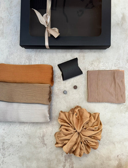 premium plain dubai crinkle 3 ginger hijab set presented in a gift box