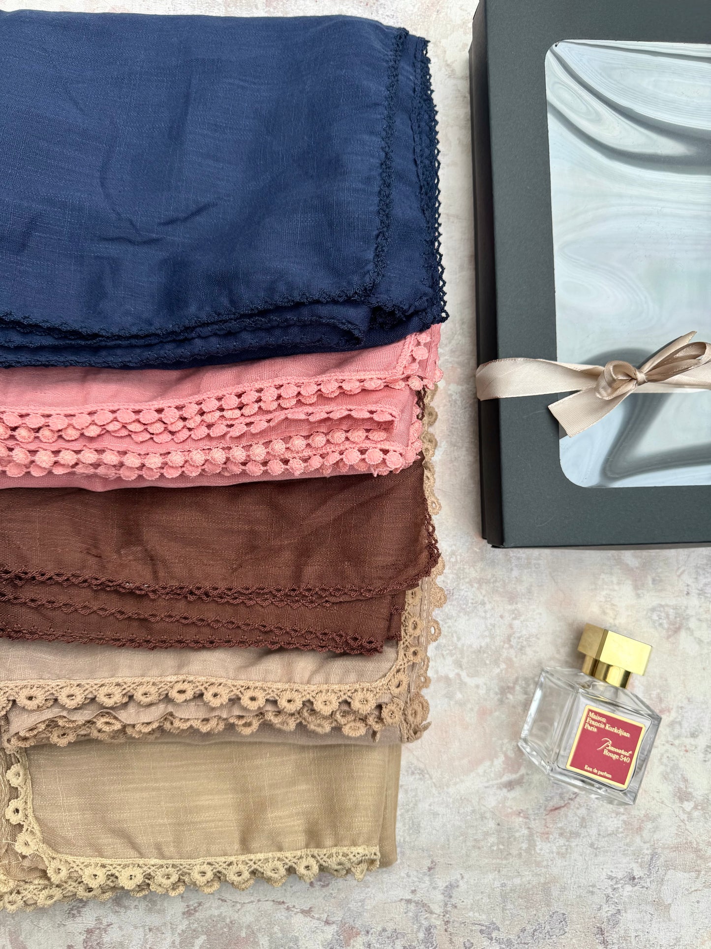 premium lace denim blue hijab set presented in a gift box