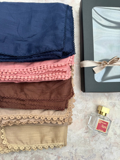 premium lace denim blue hijab set presented in a gift box