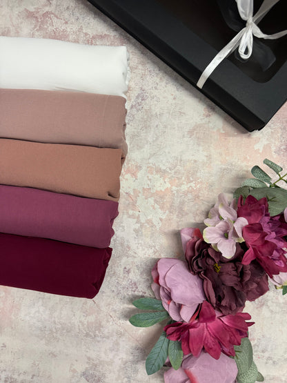 Premium plain maxi chiffon 5 berry hijab set presented in a gift box