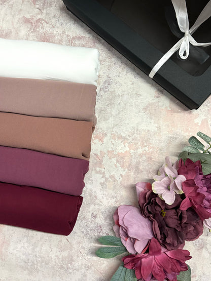 Premium plain maxi chiffon 5 berry hijab set presented in a gift box