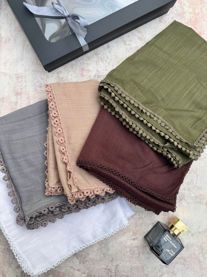 premium lace Zaitoon hijab set presented in a gift box