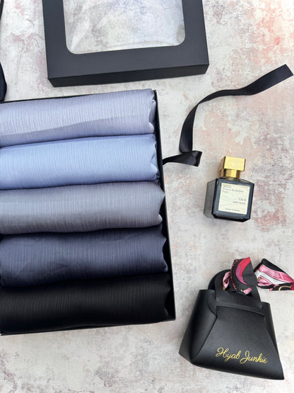 premium plain dubai crinkle 5 iron hijab set presented in a gift box