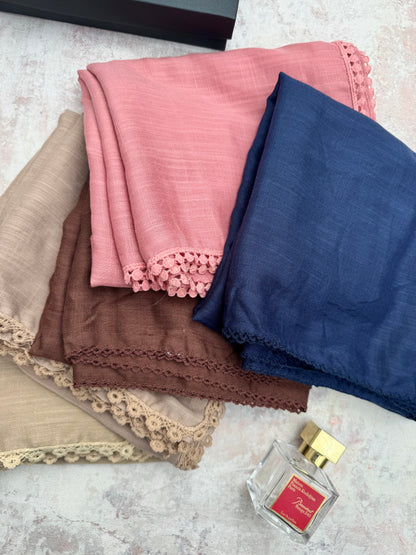 premium lace denim blue hijab set presented in a gift box