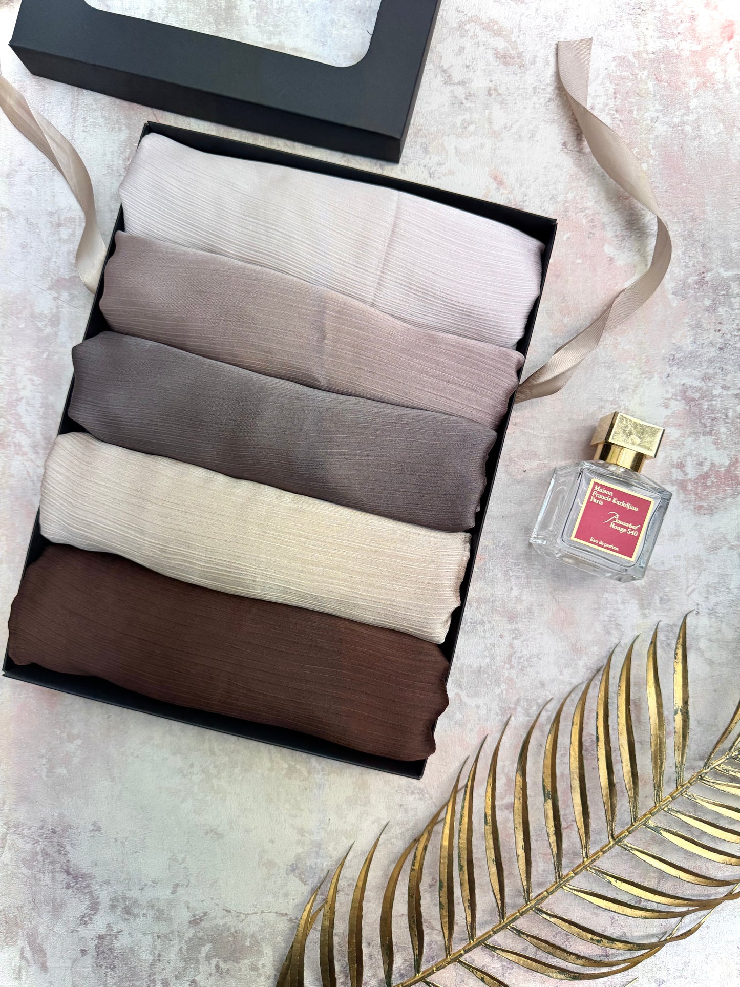 premium plain dubai crinkle 5 coco hijab set presented in a gift box