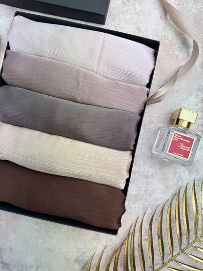 premium plain dubai crinkle 5 coco hijab set presented in a gift box
