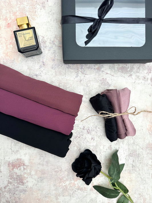 premium plain chiffon 3 web hijab set presented in a gift box
