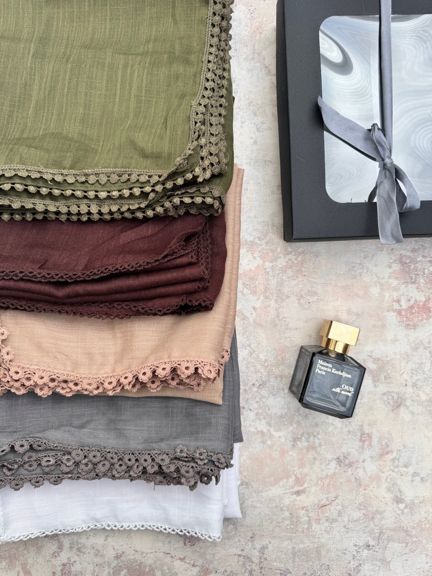 premium lace Zaitoon hijab set presented in a gift box