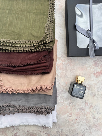 premium lace Zaitoon hijab set presented in a gift box