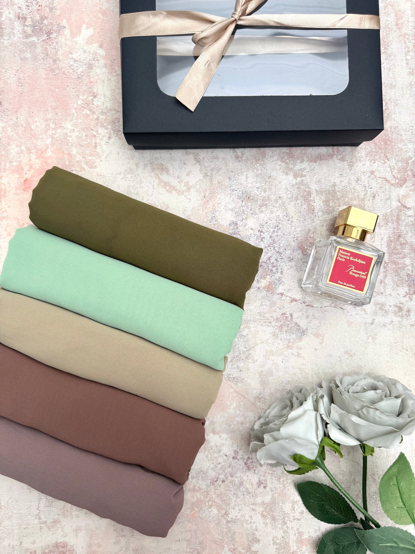 5 premium plain chiffon Zaintoon hijab set presented in a gift box