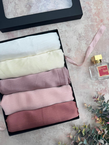 premium plain dubai crinkle 5 Snow White hijab set presented in a gift box
