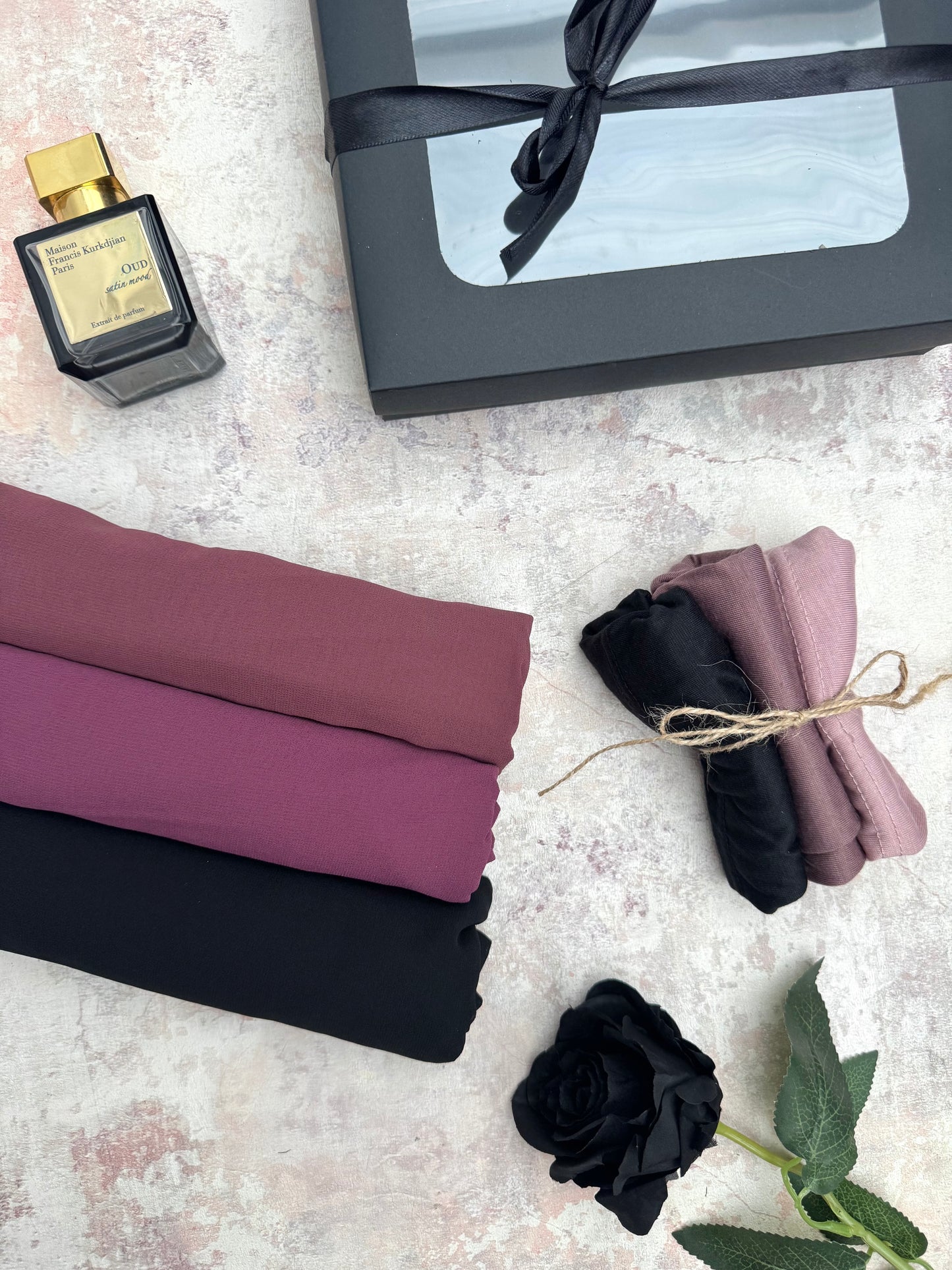 premium plain chiffon 3 web hijab set presented in a gift box