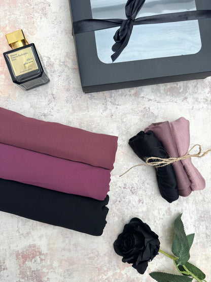 premium plain chiffon 3 web hijab set presented in a gift box