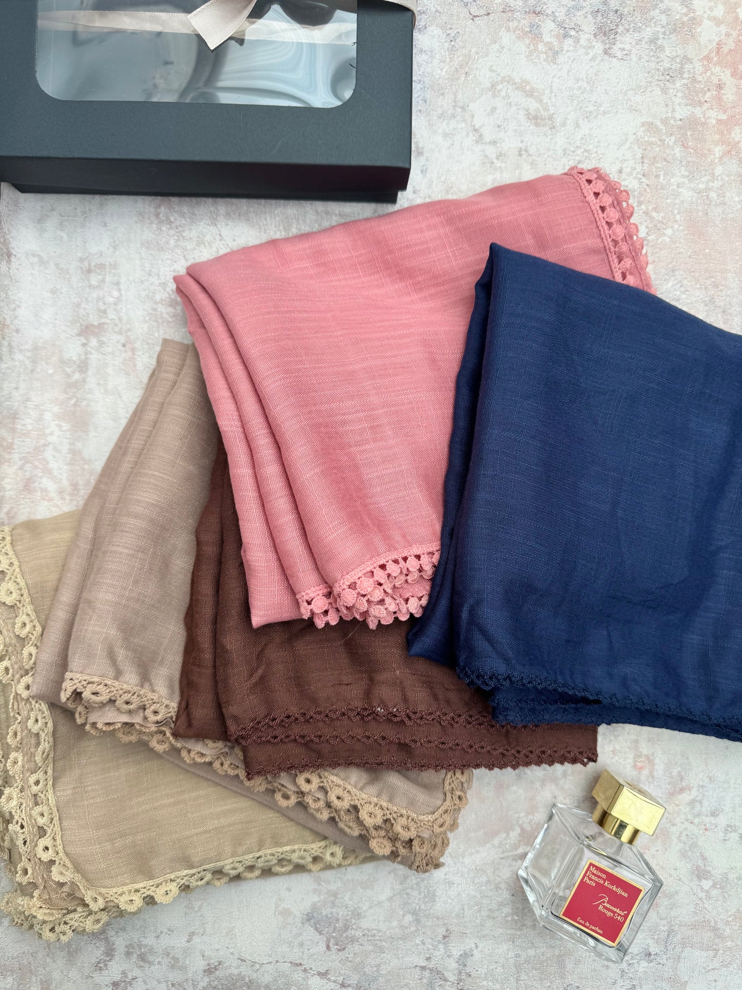 premium lace denim blue hijab set presented in a gift box