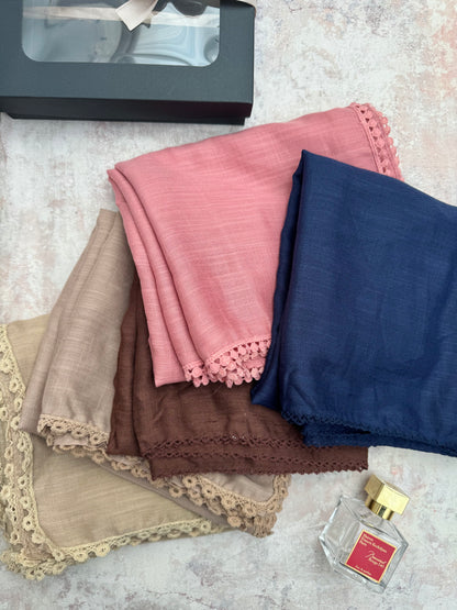 premium lace denim blue hijab set presented in a gift box