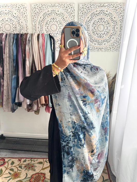 Water coloured Modal Printed Blue Villiage Hijab