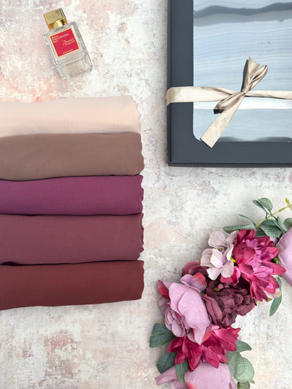 5 premium plain chiffon truffle hijab set presented in a gift box