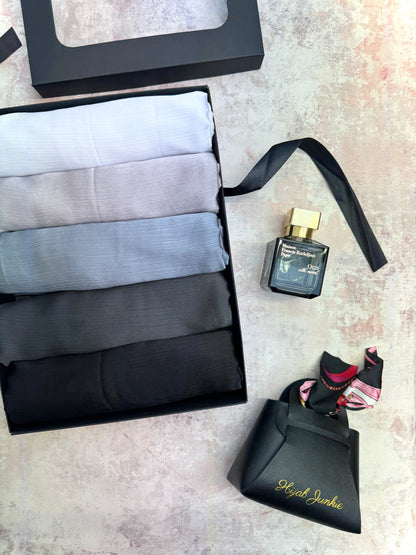 premium plain dubai crinkle 5 pewter hijab set presented in a gift box