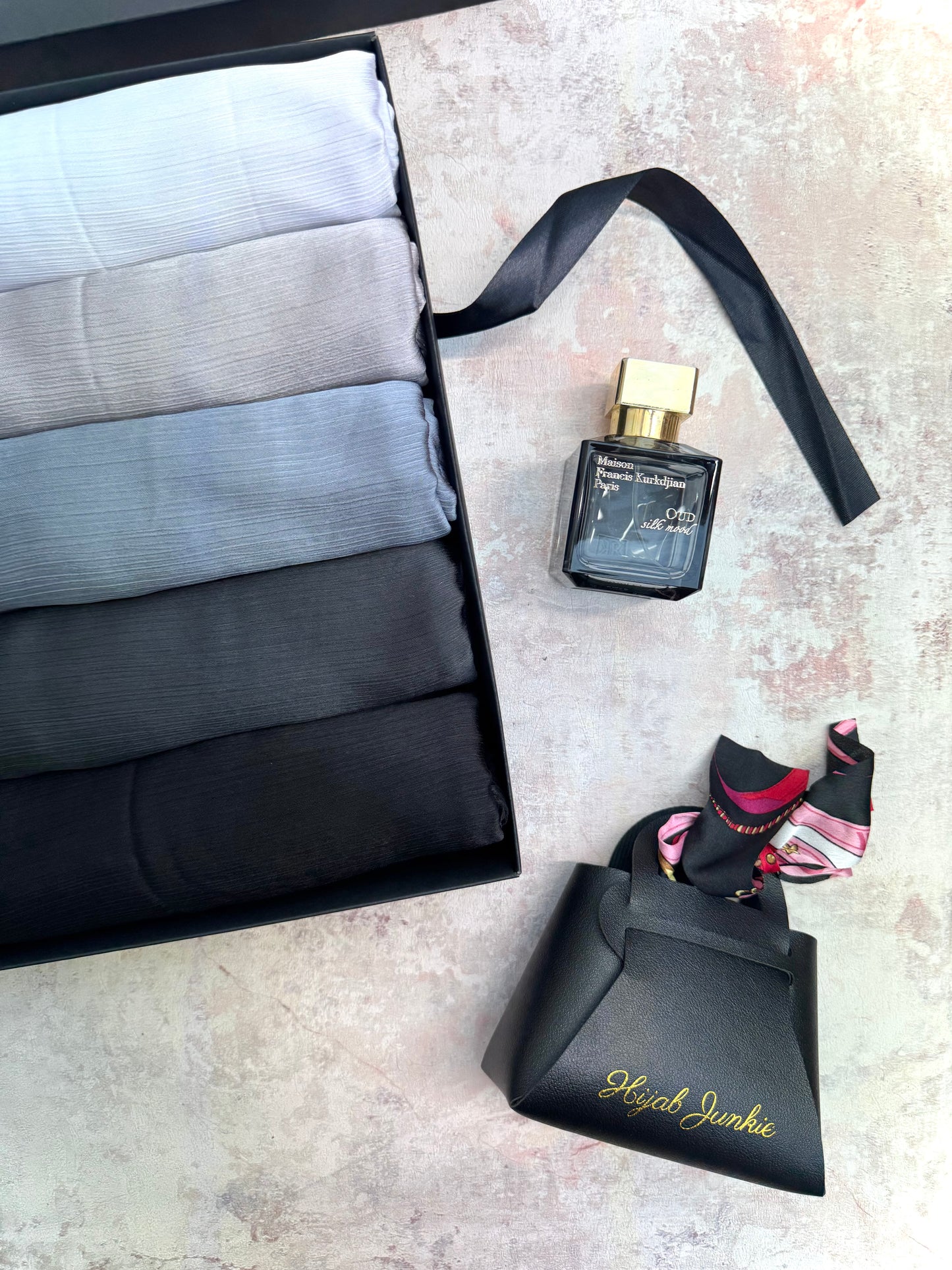premium plain dubai crinkle 5 pewter hijab set presented in a gift box
