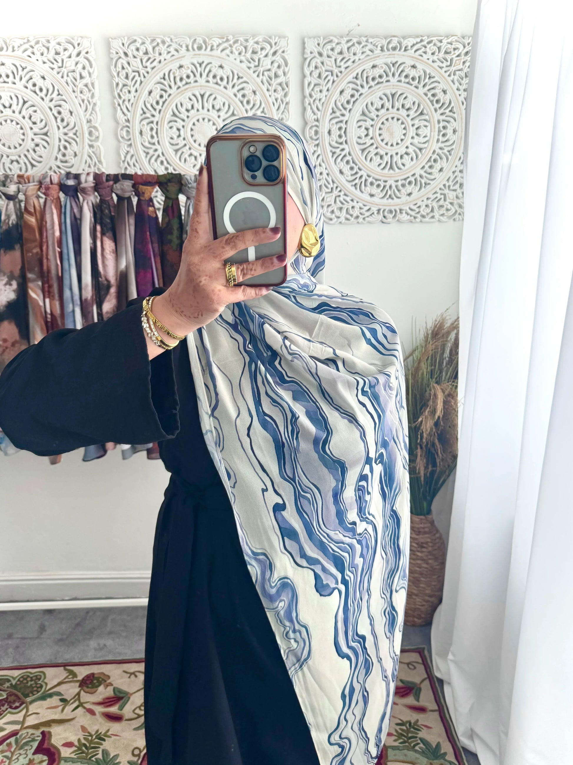 Water coloured Chiffon Printed Azraq Hijab - Hijab Junkie UK