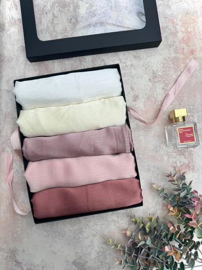 premium plain dubai crinkle 5 Snow White hijab set presented in a gift box
