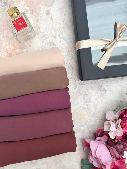 5 premium plain chiffon truffle hijab set presented in a gift box