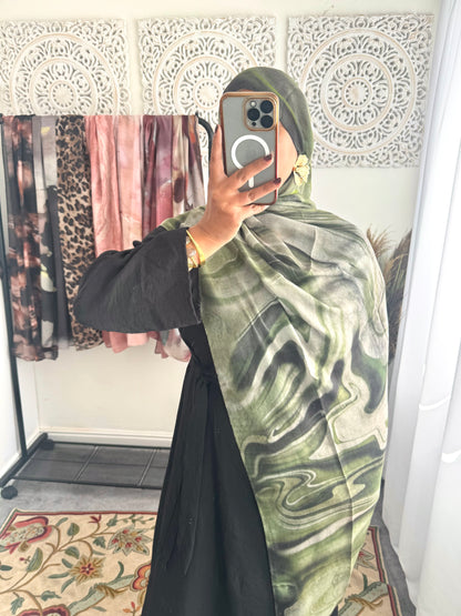 Water coloured Modal Printed Marble Olive Hijab