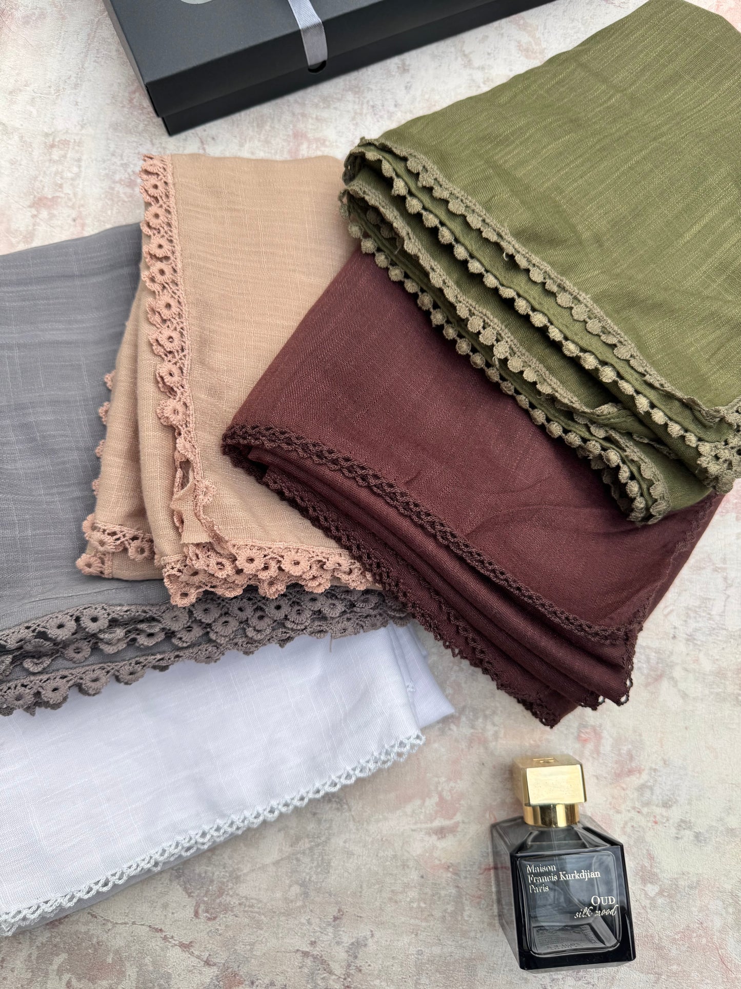 premium lace Zaitoon hijab set presented in a gift box
